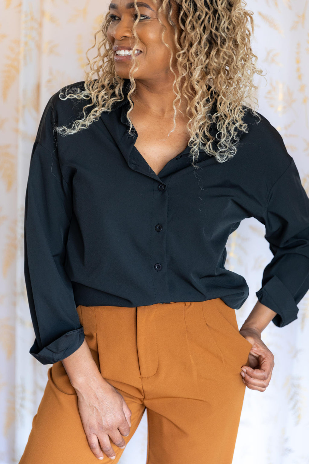 Mocha Brown DAZY Women Solid Color Pleated Straight-Leg Casual Business Pants