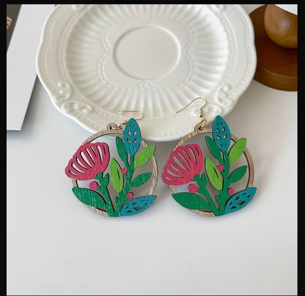 Bohemian Painted Wood Flower Earrings