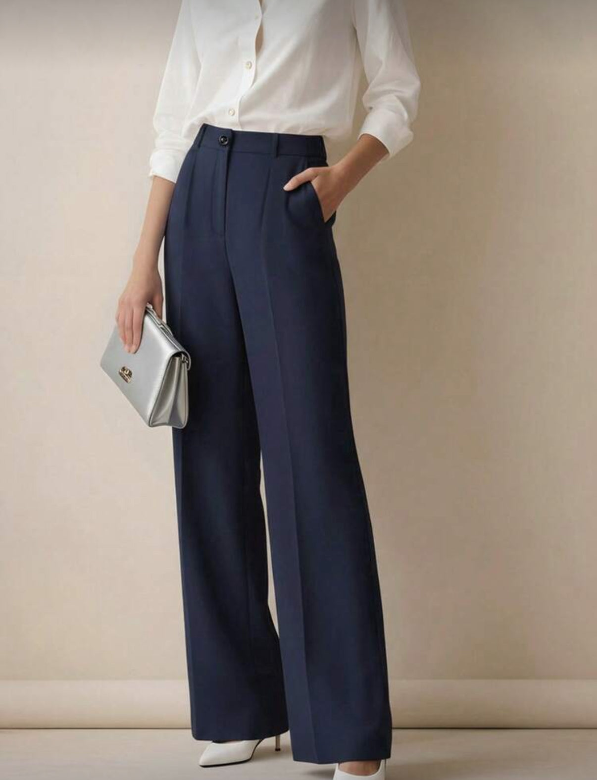 Navy Blue High Waisted Lose Fitted Trousers