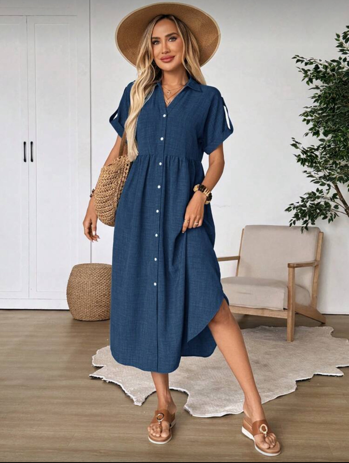 EMERY ROSE Women's Solid Color Roll-Up Sleeve Single Breasted Casual Midi Shirt Dress