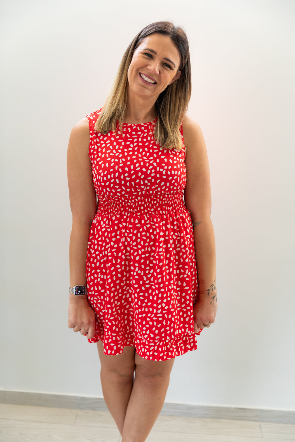 Red Smocked Waist Sleeveless Mini Dress