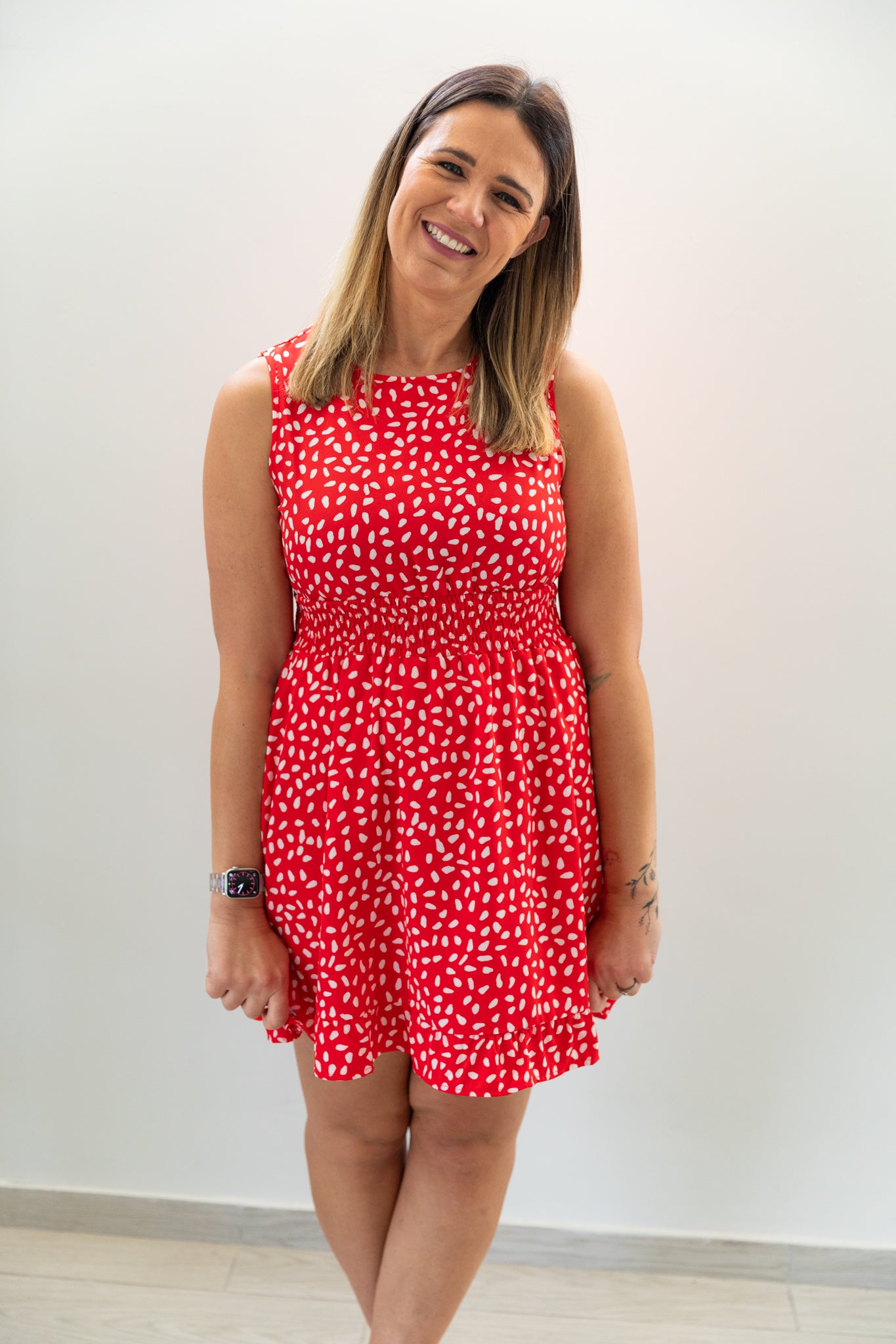 Red Smocked Waist Sleeveless Mini Dress