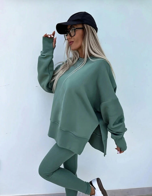 Green Ladies' Solid Color Simple Daily Long Sleeve Top And Long Pants Two-Piece