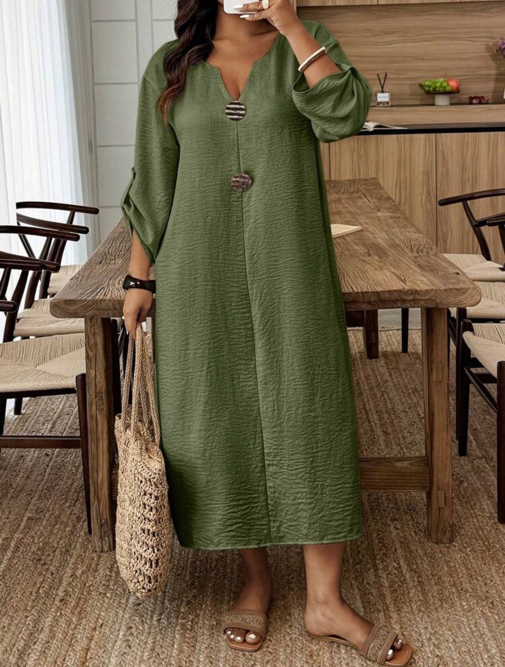 CURVE Olive Green Rolled Sleeve Midi Dress