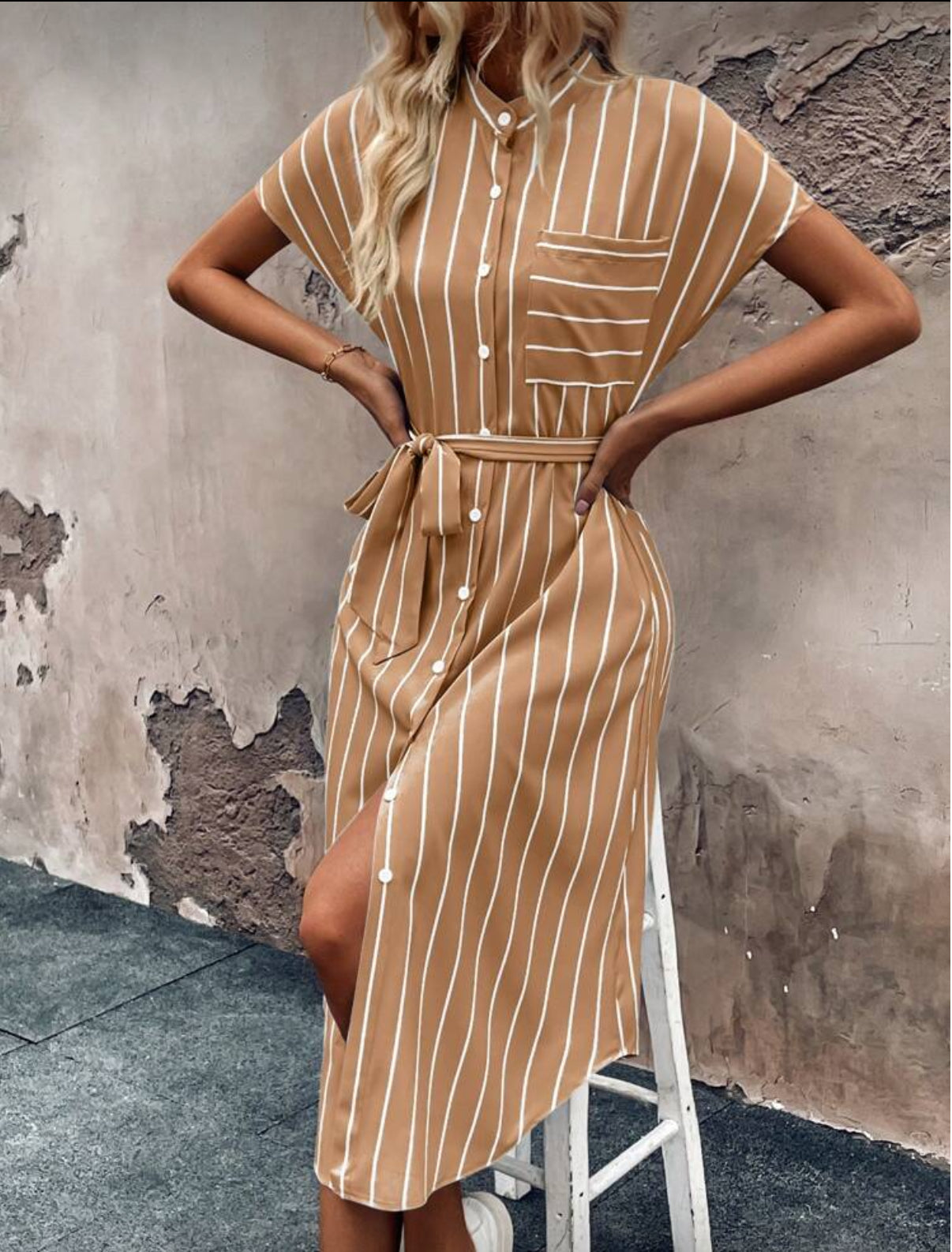 Brown and White Stripped Button Up Dress