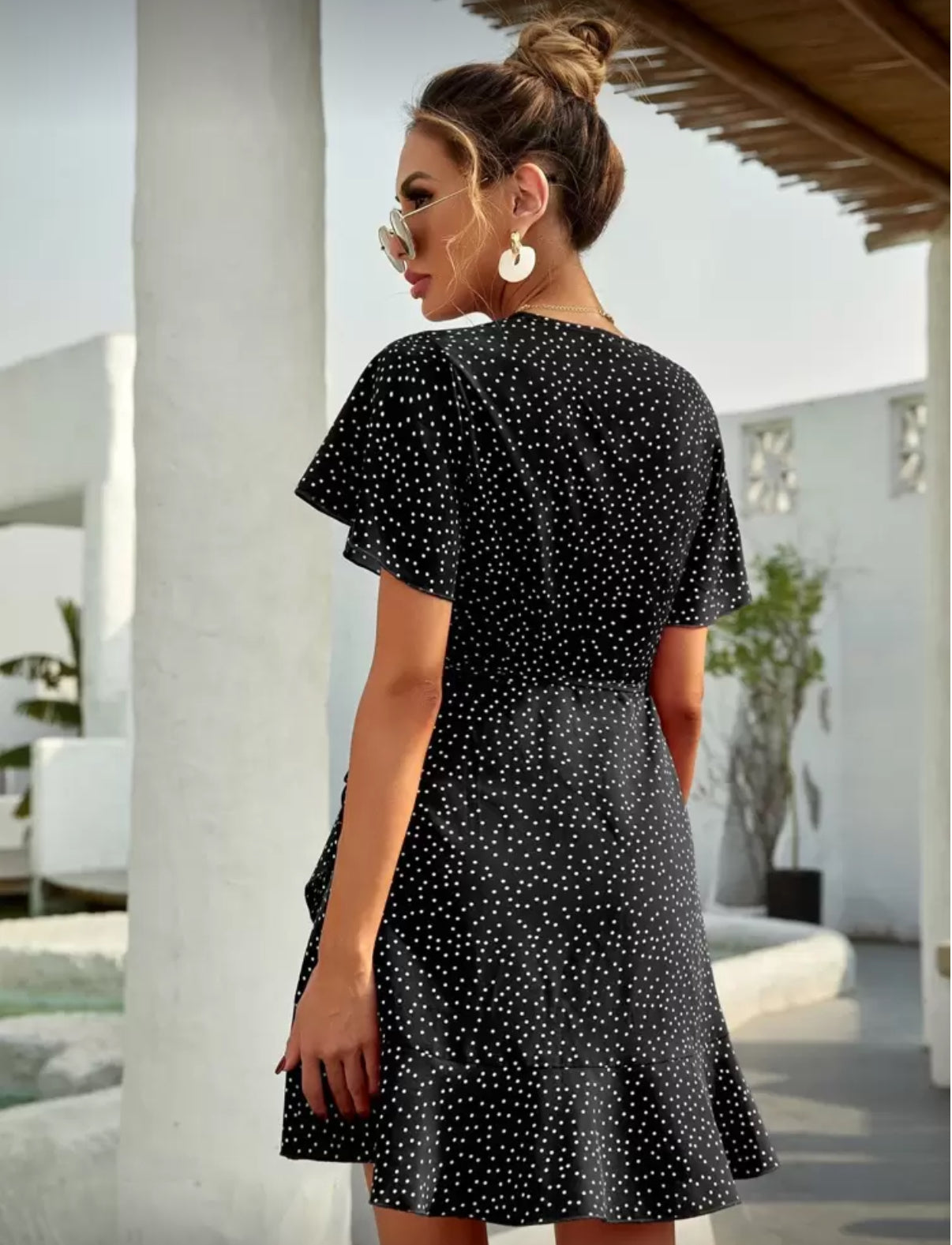 Butterfly Sleeve Black Polka Dot Dress