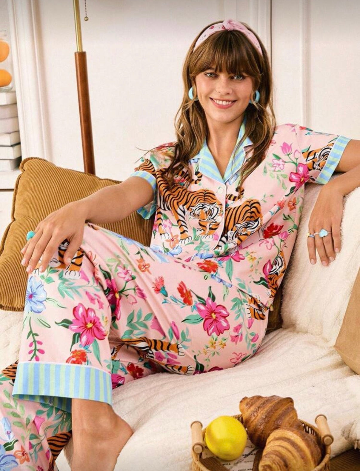 Tiger and Floral Pajama Set with Long Pants