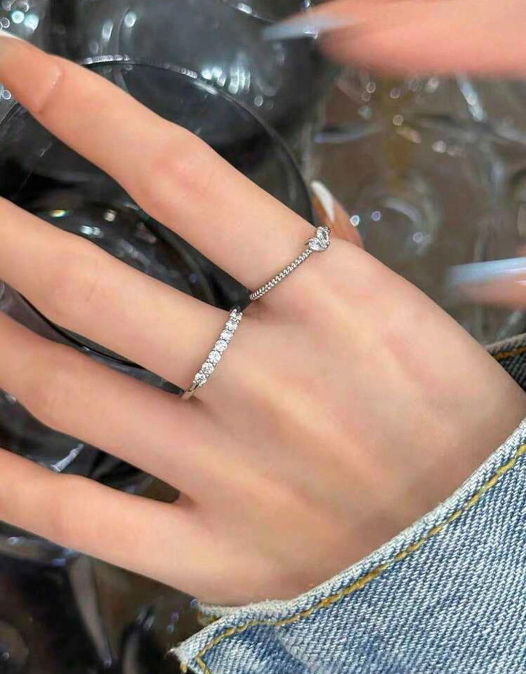 One Size Adjustable 2pcs/set Cubic Zirconia Decor Ring Copper Jewelry