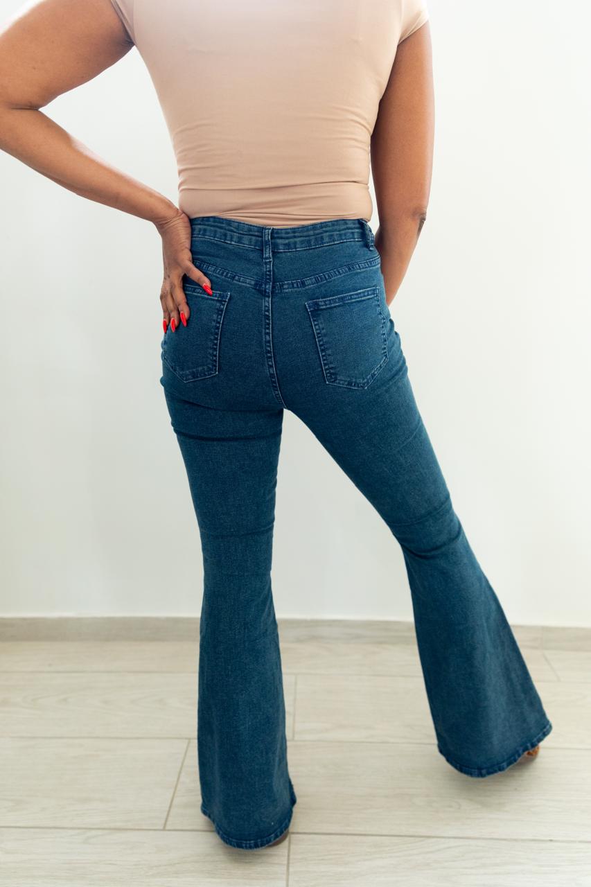 Dusty Blue Plain Color Flared Pocket Casual Denim Jeans High Stretch