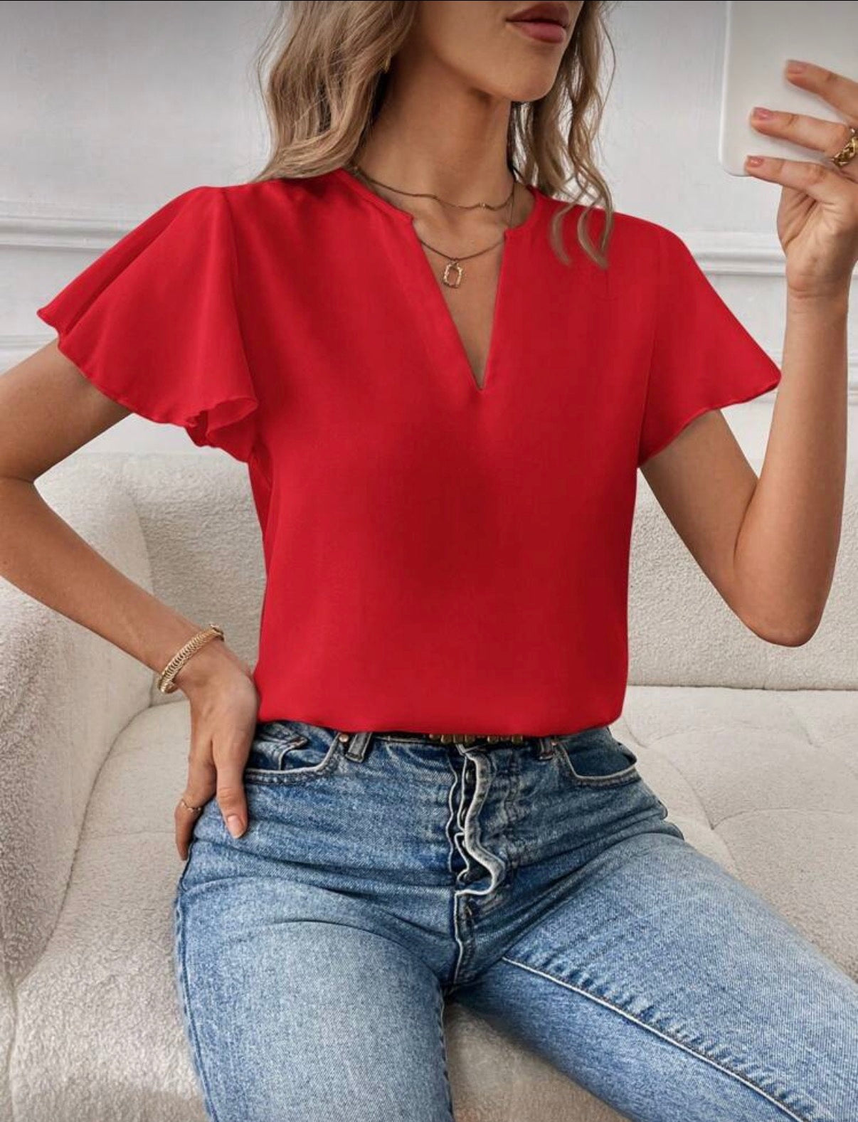 Red Butterfly Sleeve Blouse