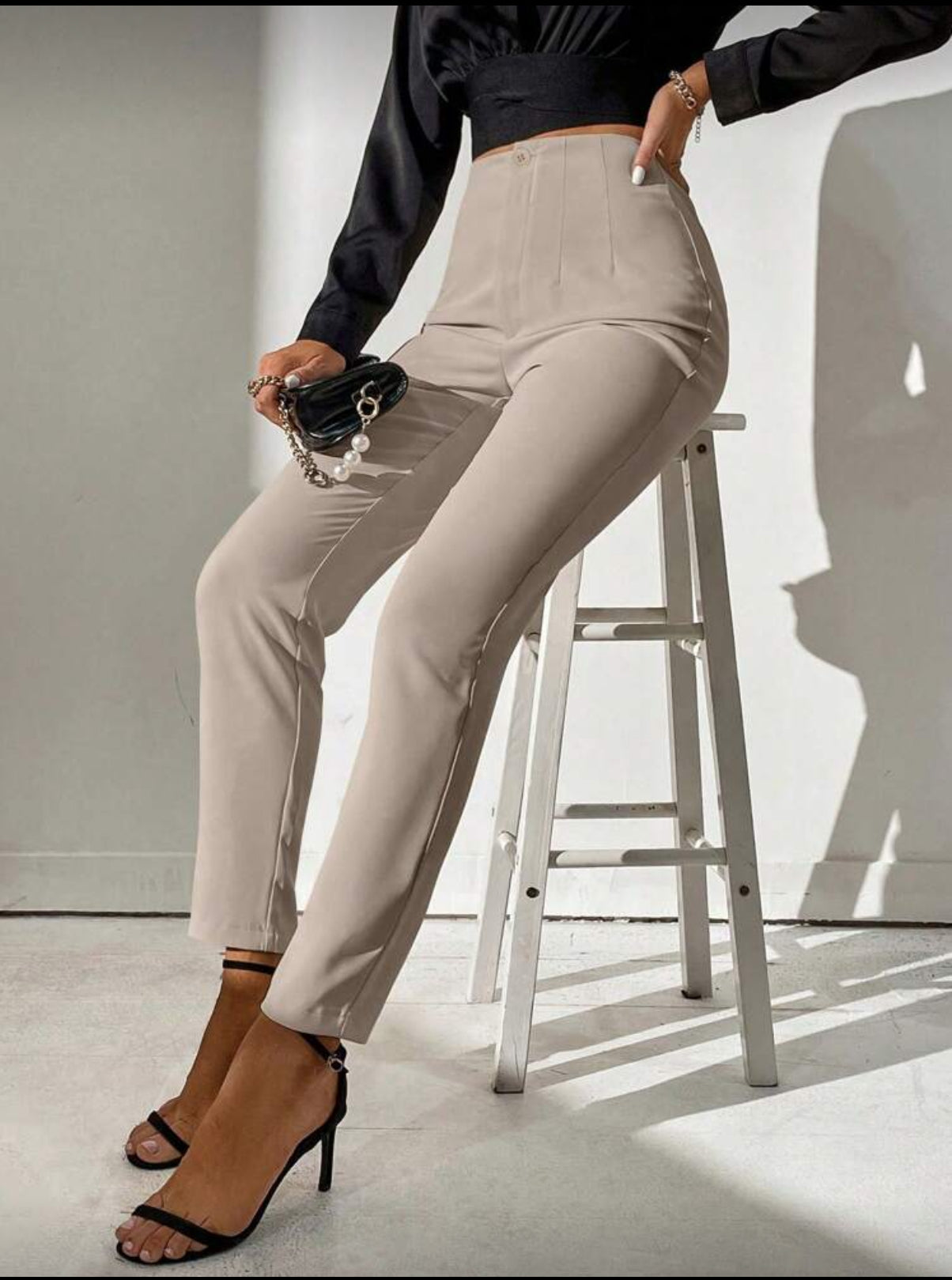 TALL Khaki Solid Color High-Waisted Tapered Casual Pants