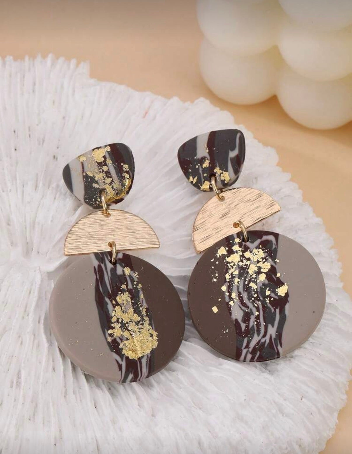 Coffee Brown Clay Statement Earrings with Gold Foil