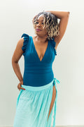 Ruffle V-Neck One-Piece Swimsuit –  Teal (Wrap Sold Separately)
