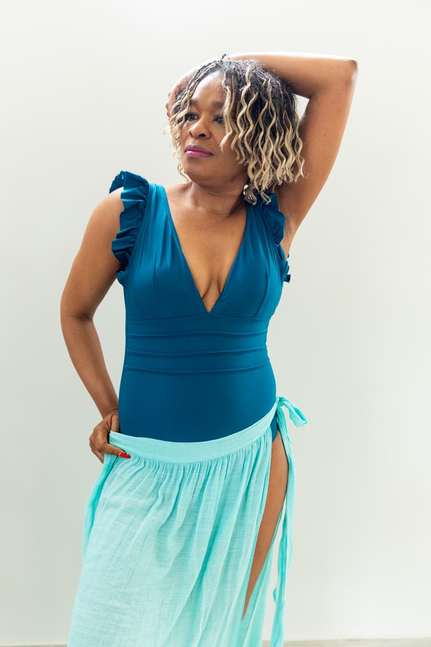 Ruffle V-Neck One-Piece Swimsuit –  Teal (Wrap Sold Separately)