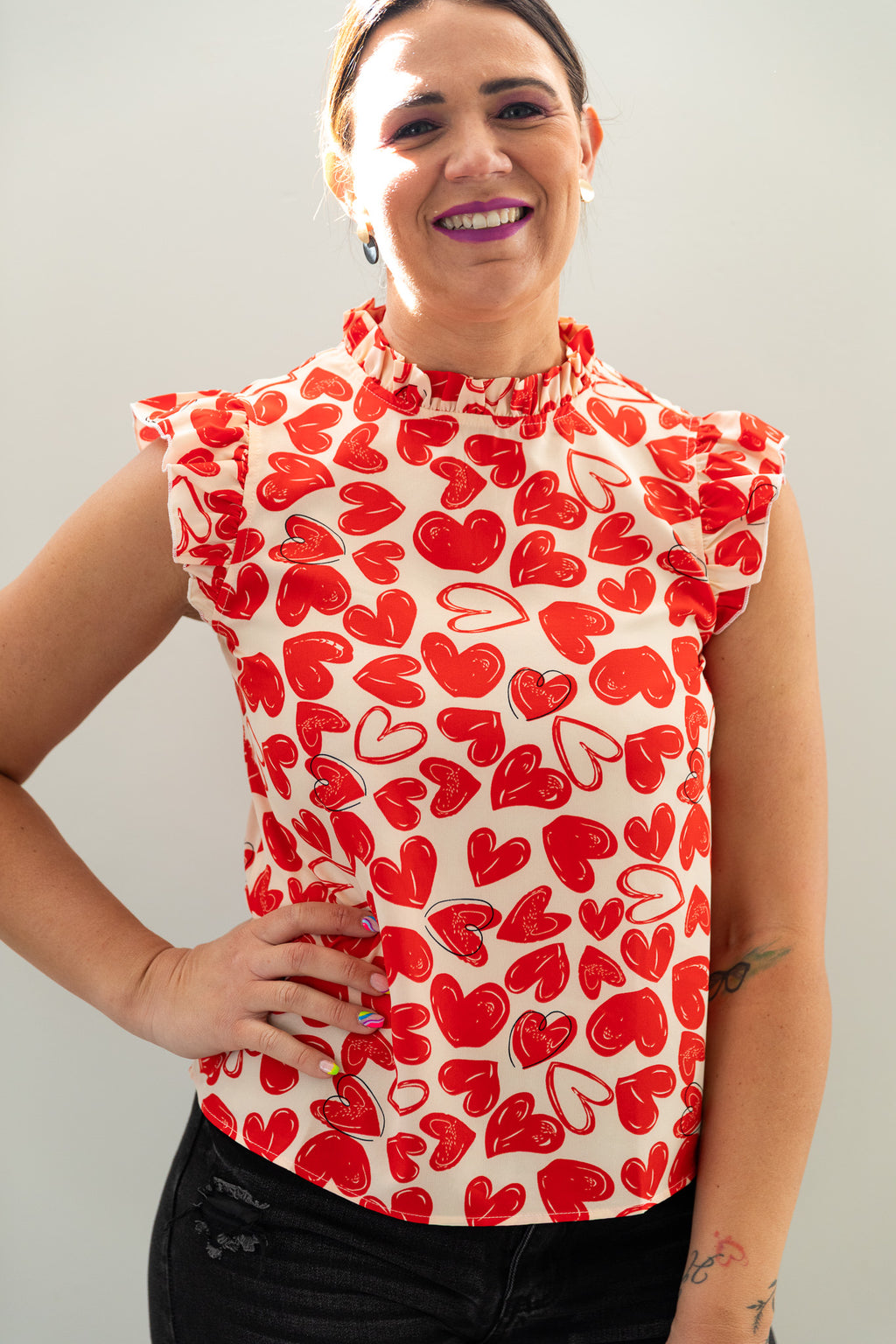 SHEIN VCAY Heart Print Ruffle Trim Mock Neck Valentines Blouse