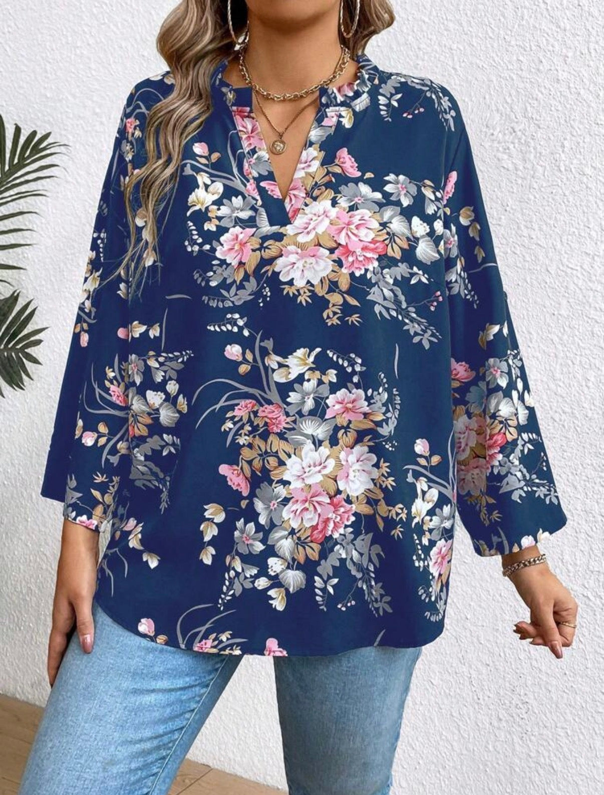 CURVE Blue Floral Boho Blouse