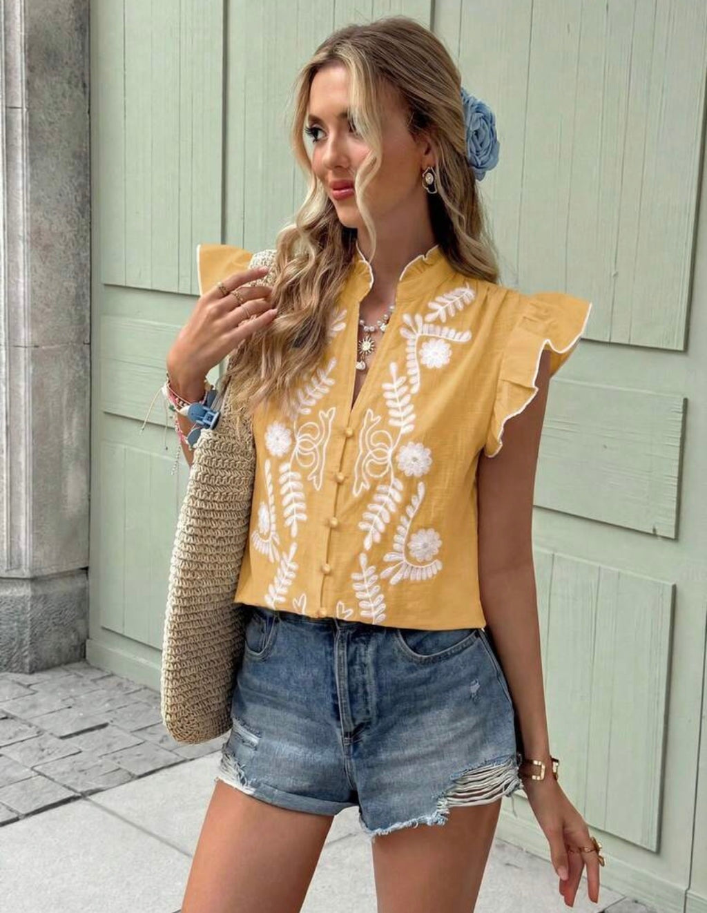 Sunshine Yellow 100% Cotton Floral Embroidered Ruffle Sleeve Blouse