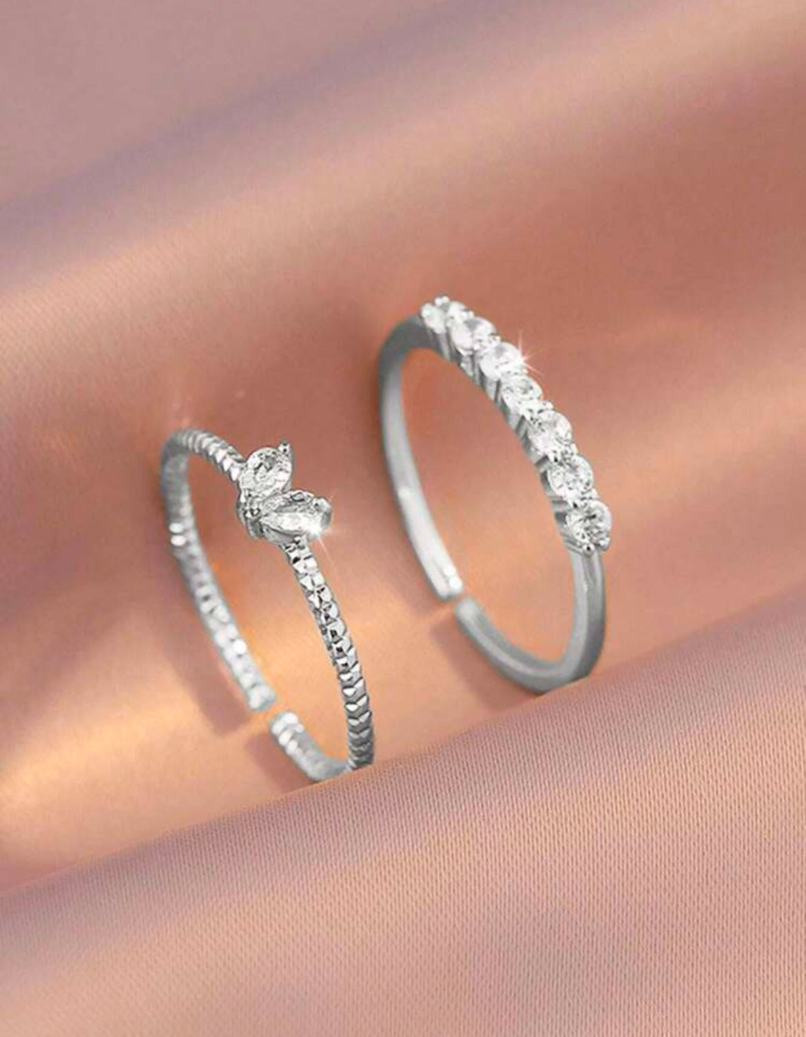 One Size Adjustable 2pcs/set Cubic Zirconia Decor Ring Copper Jewelry