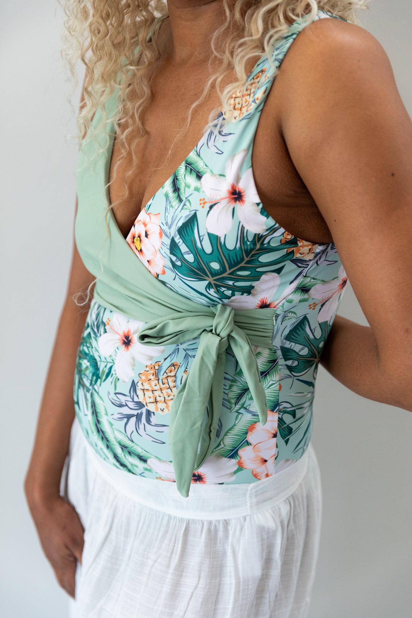 Tropical Ruffle One-Piece – Sage Green & Floral Print (wrap sold separately)