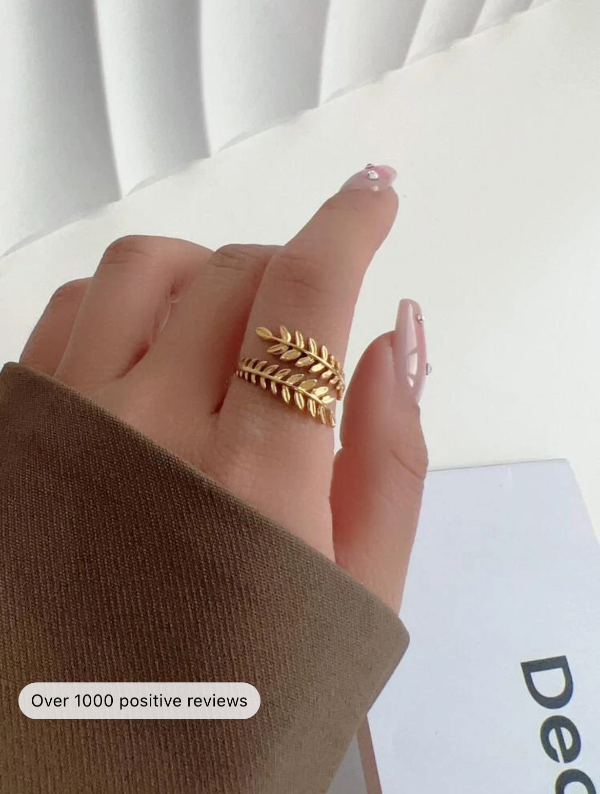 Yellow Gold Leaf Design Cuff Ring - Adjustable sizing