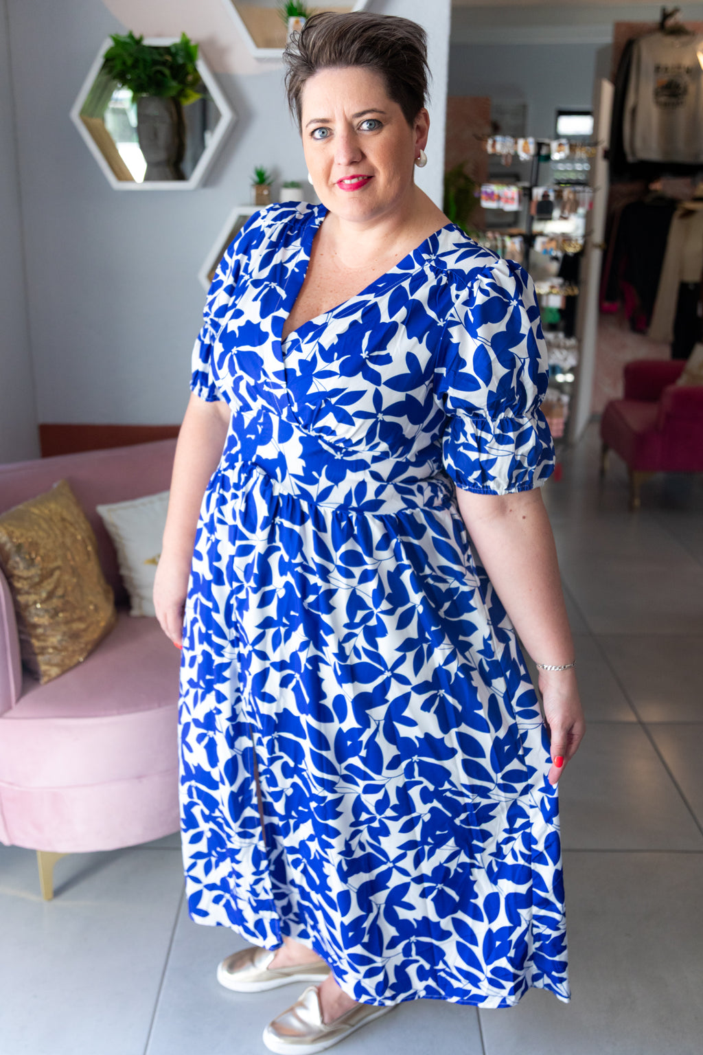 SHEIN VCAY Plus Size Floral Print V-Neck High Slit Dress Maxi Women Outfit