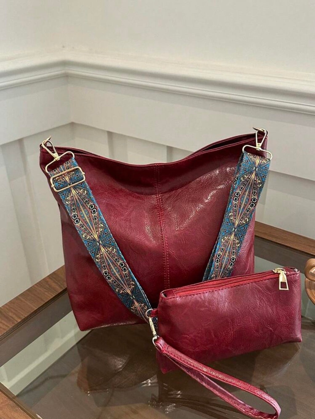 Burgundy Boho Strap Slouch Tote Bag Set