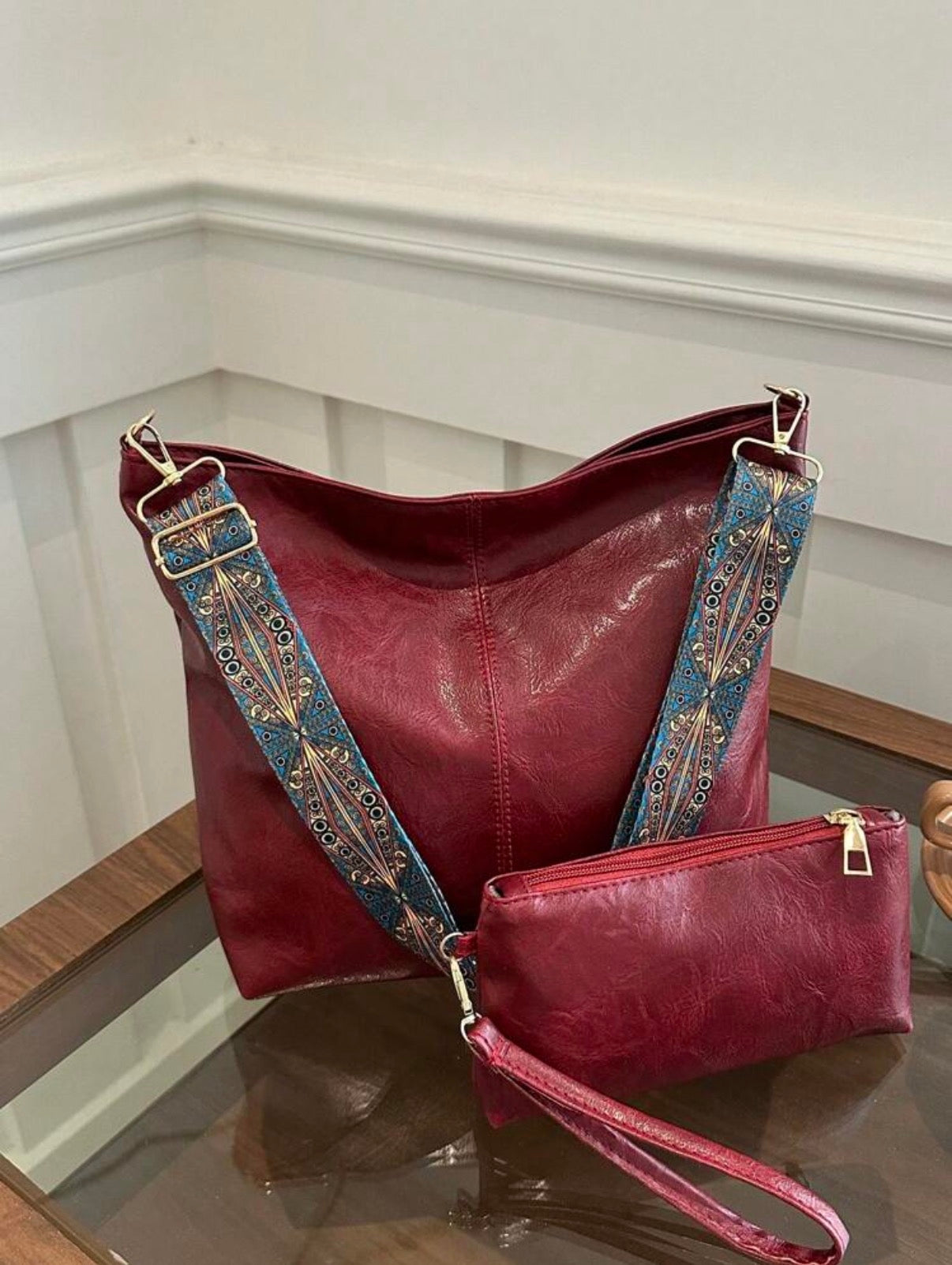 Burgundy Boho Strap Slouch Tote Bag Set