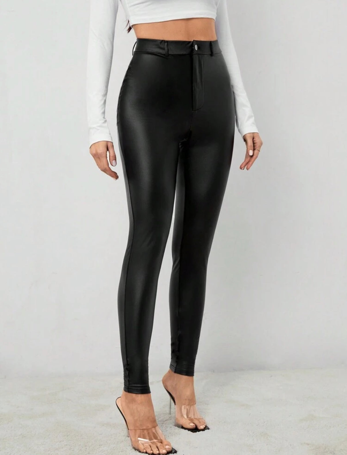 TALL Solid High Waist PU Leather Skinny Pants Thermal Lined