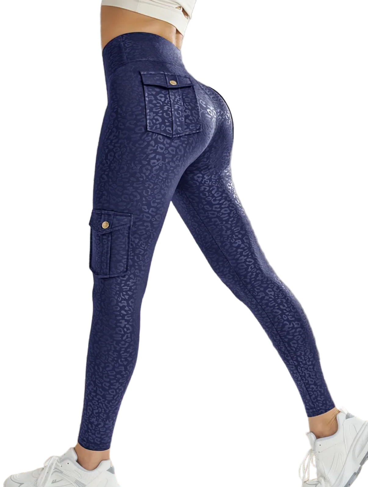 Top Selling Pocketed Tight Cargo Pants - Leopard Navy Blue