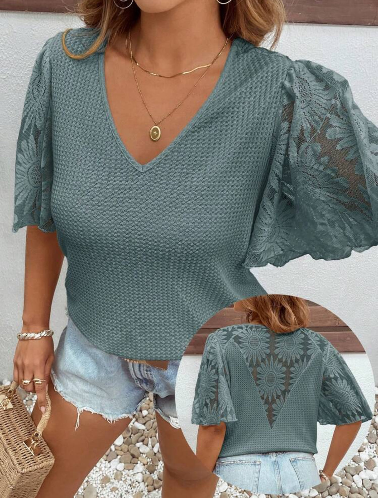 Curve Waffle Knit Ruffle Sleeve Top – Dark Green