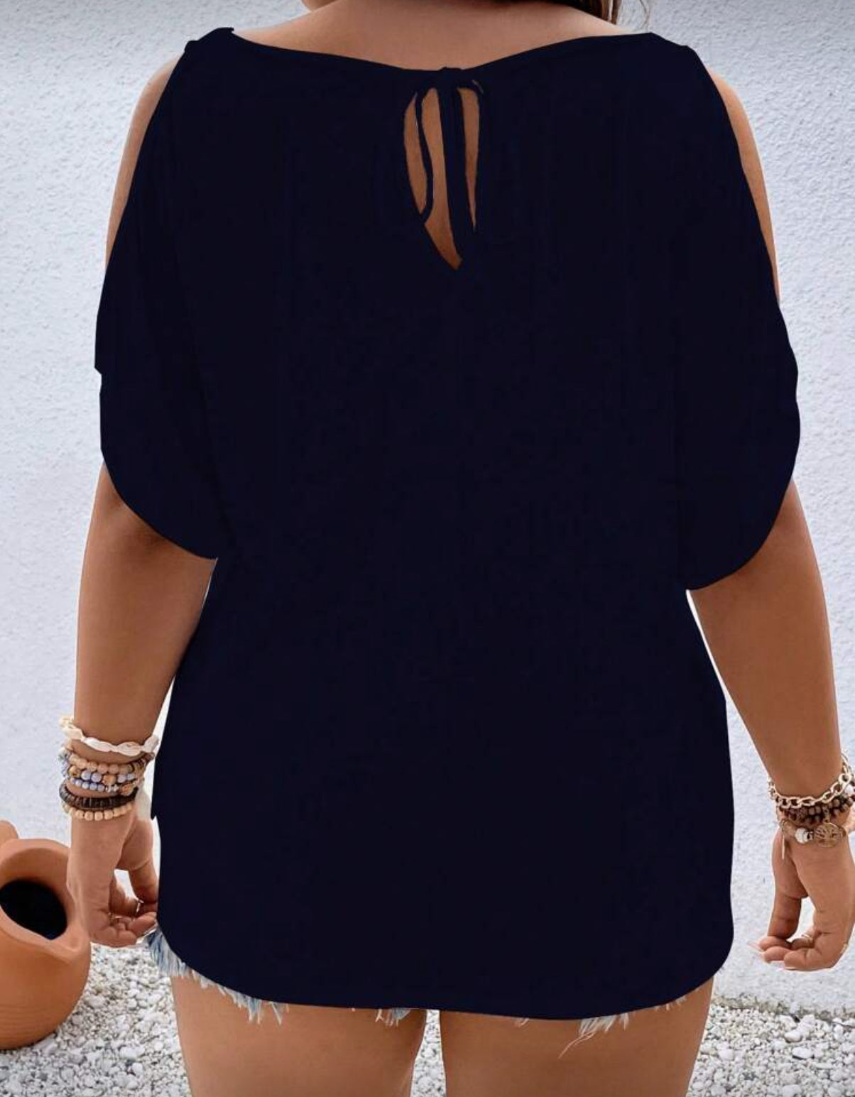 Navy Blue Cold Shoulder Curve Tshirt
