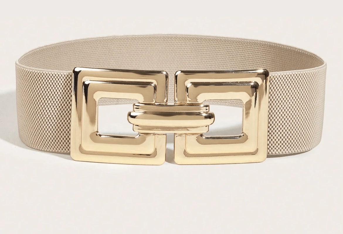 Beige and Gold Square Buckle Elastic Waist Belt For All Season