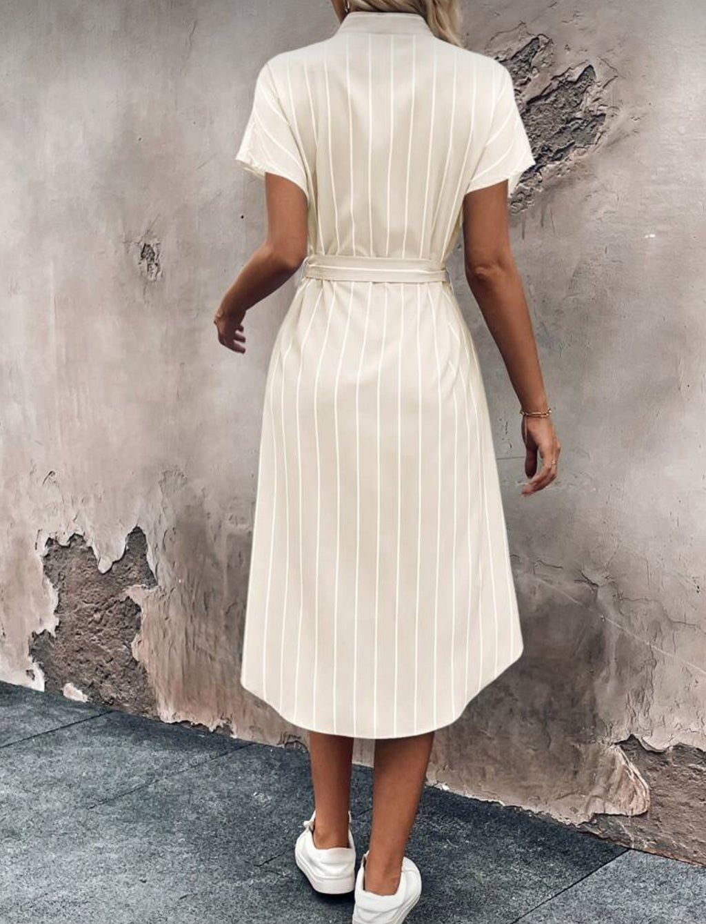 Beige and White Button Up Strip Dress