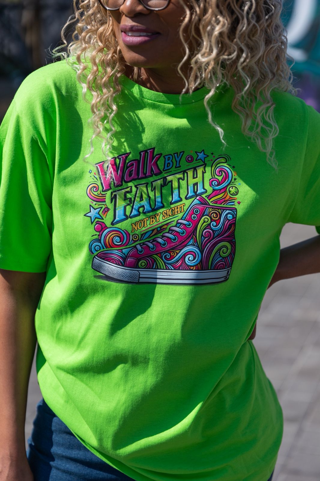 Neon Green “Walk by Faith” Easy Fit Unisex Tee