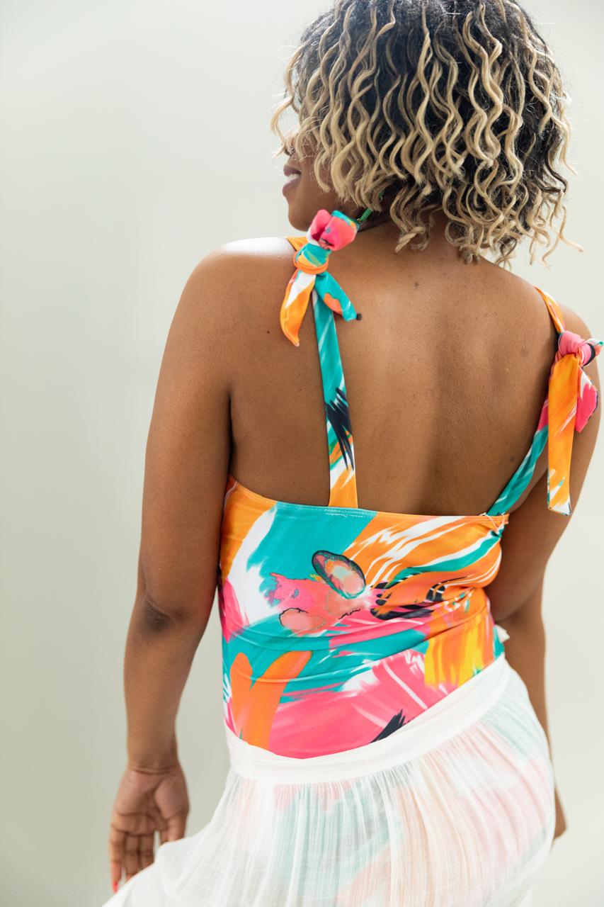 SHEIN Swim Summer Beach All Over Print Knot Shoulder One Piece Swimsuit (Wrap Sold Separately)