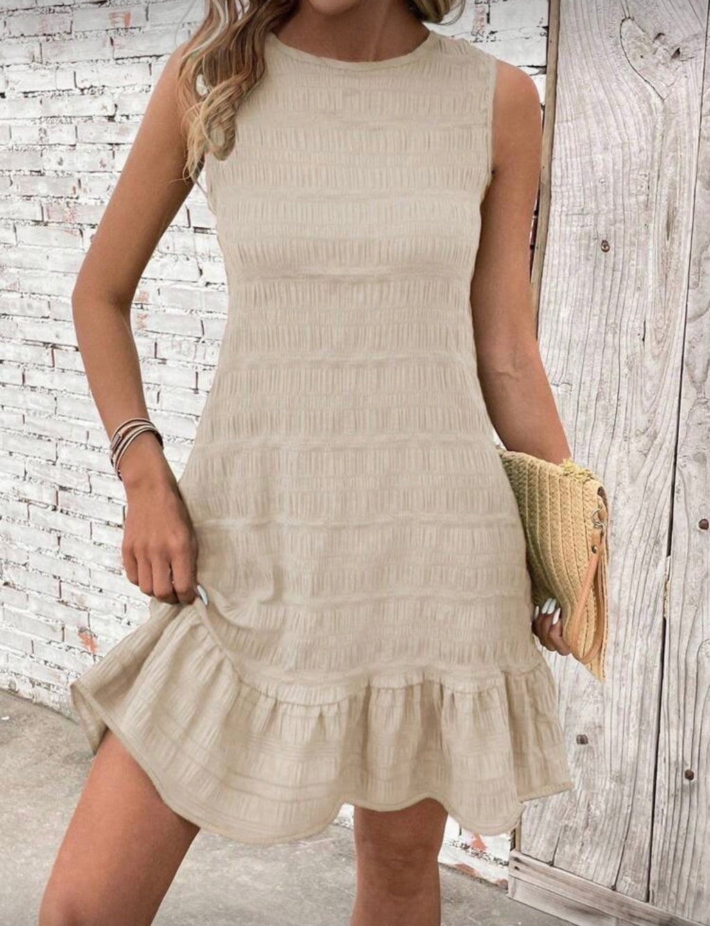 Beige Back Tie Knee Length Dress