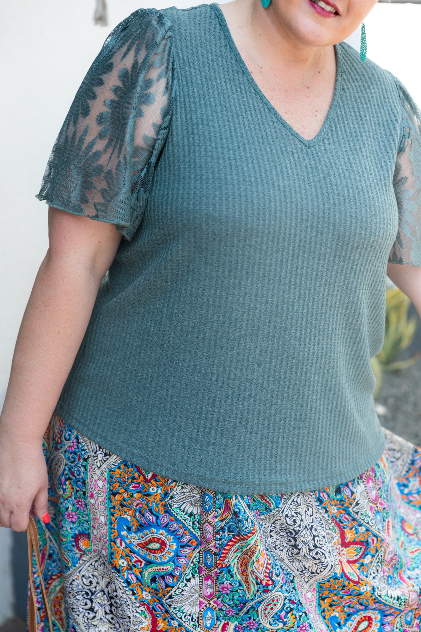 Curve Waffle Knit Ruffle Sleeve Top – Dark Green