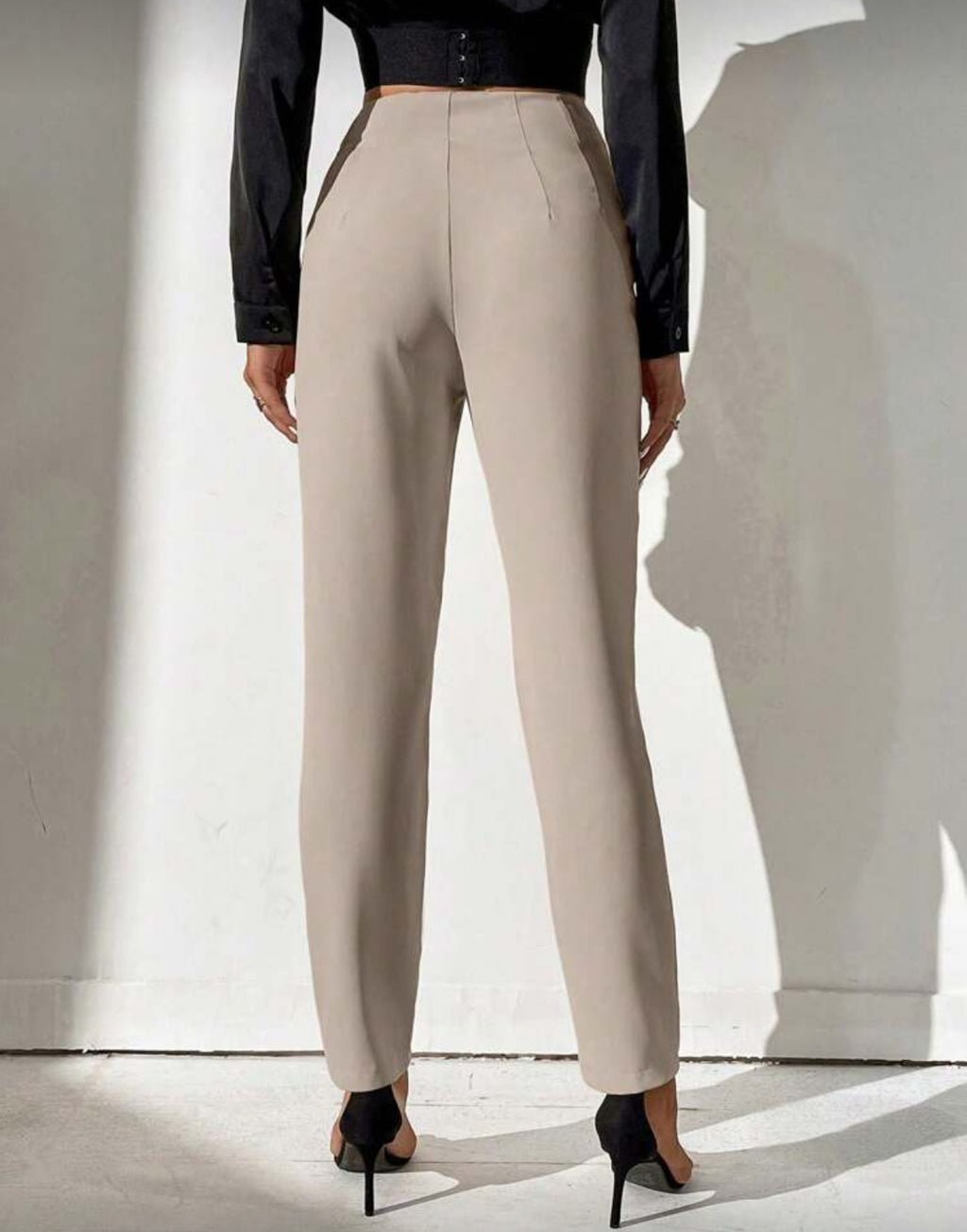 TALL Khaki Solid Color High-Waisted Tapered Casual Pants