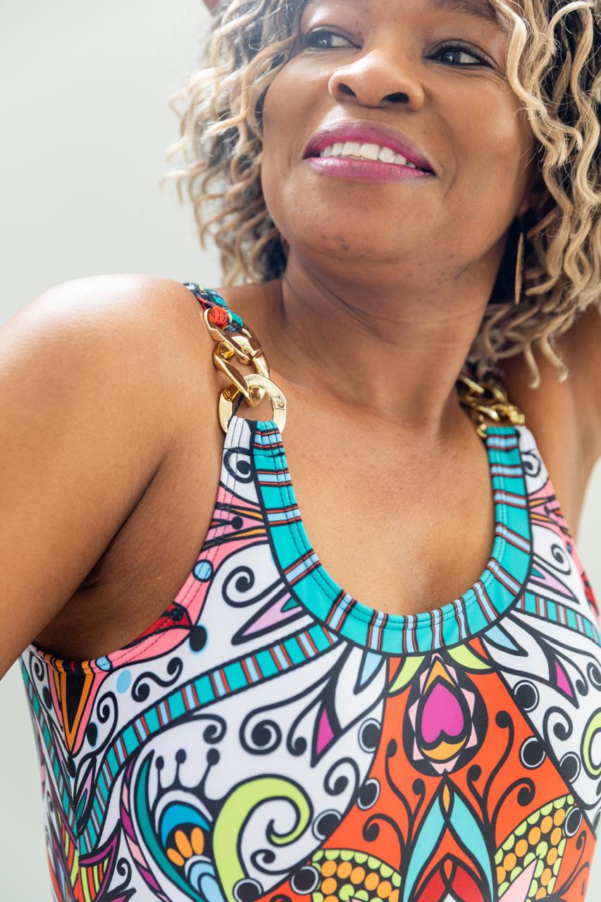 Swim Summer Beach Floral Print Chain Linked One Piece Swimsuit