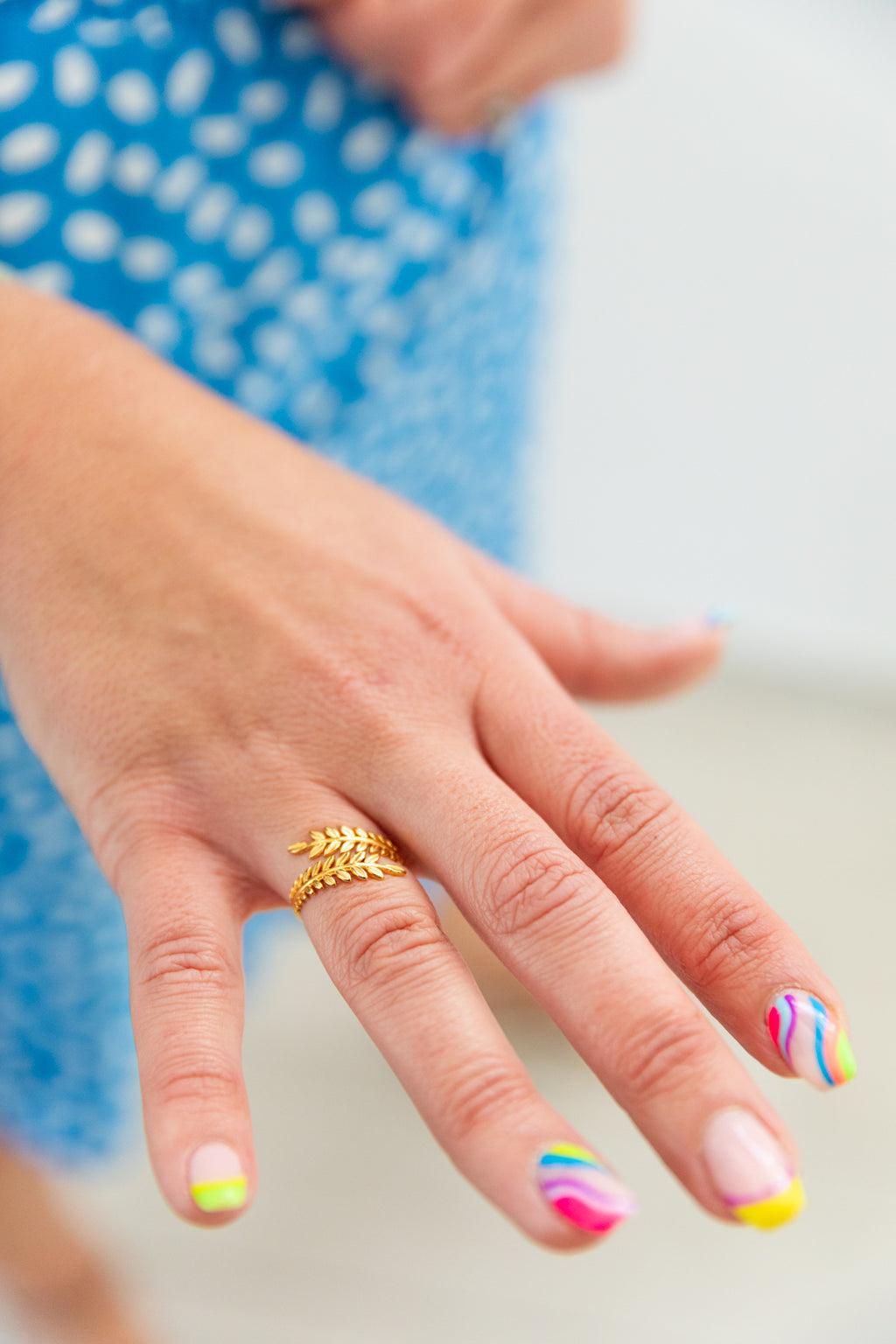Yellow Gold Leaf Design Cuff Ring - Adjustable sizing