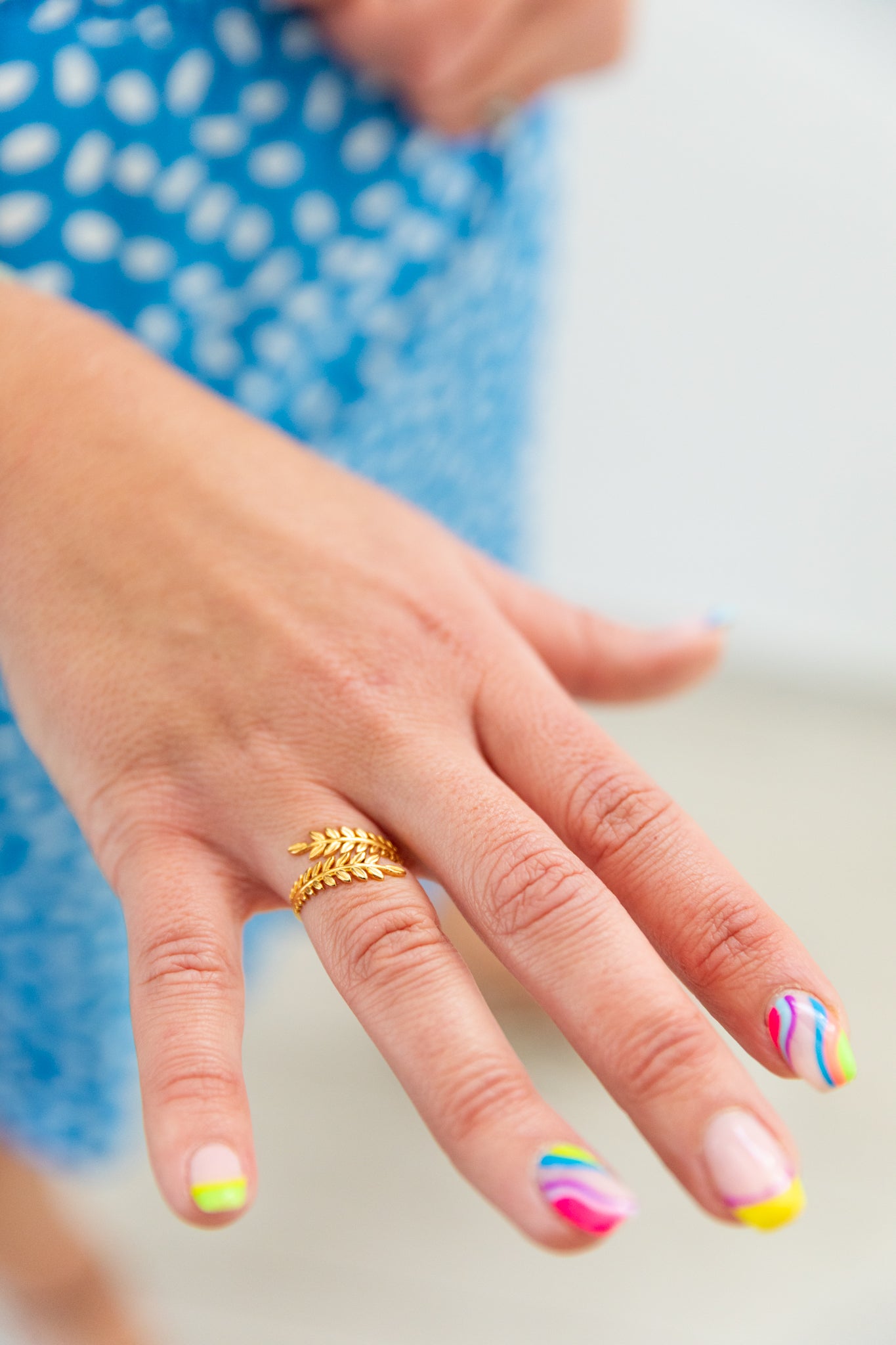 Yellow Gold Leaf Design Cuff Ring - Adjustable sizing