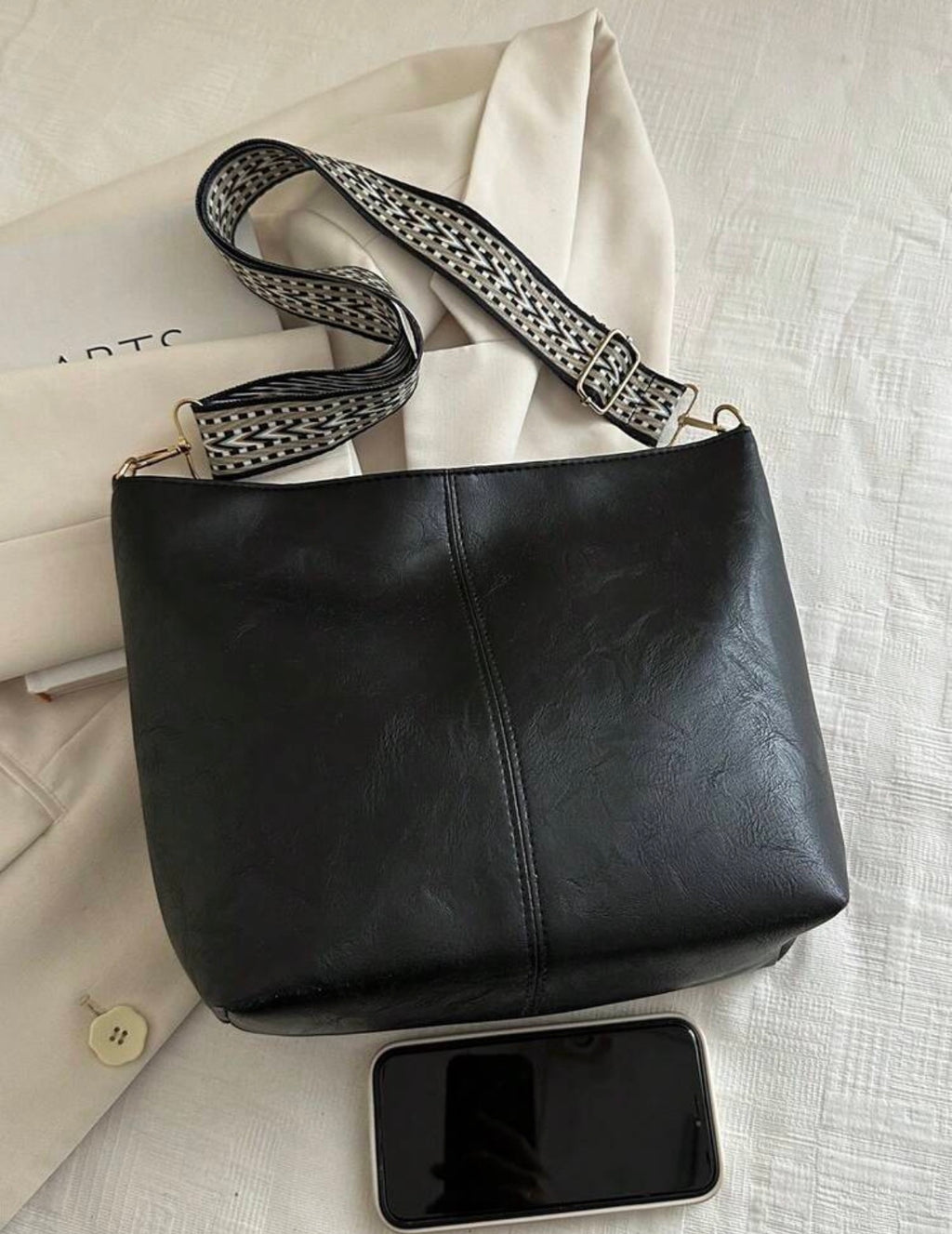 Black Boho Strap Slouch Tote Bag Set