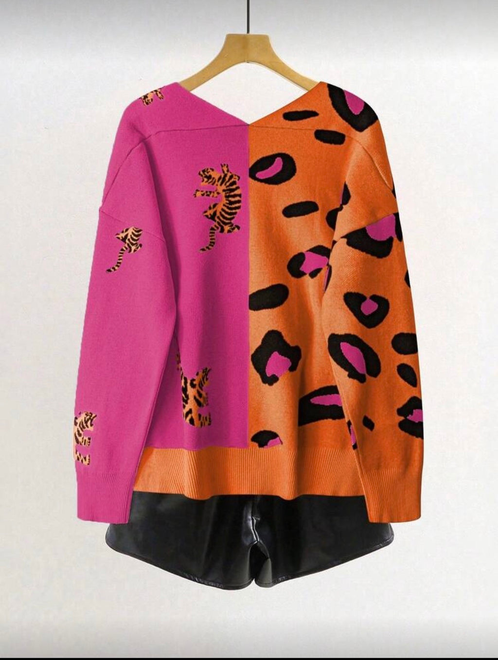 CURVE Pink and Orange Leopard Colour Block Knit Cardigan