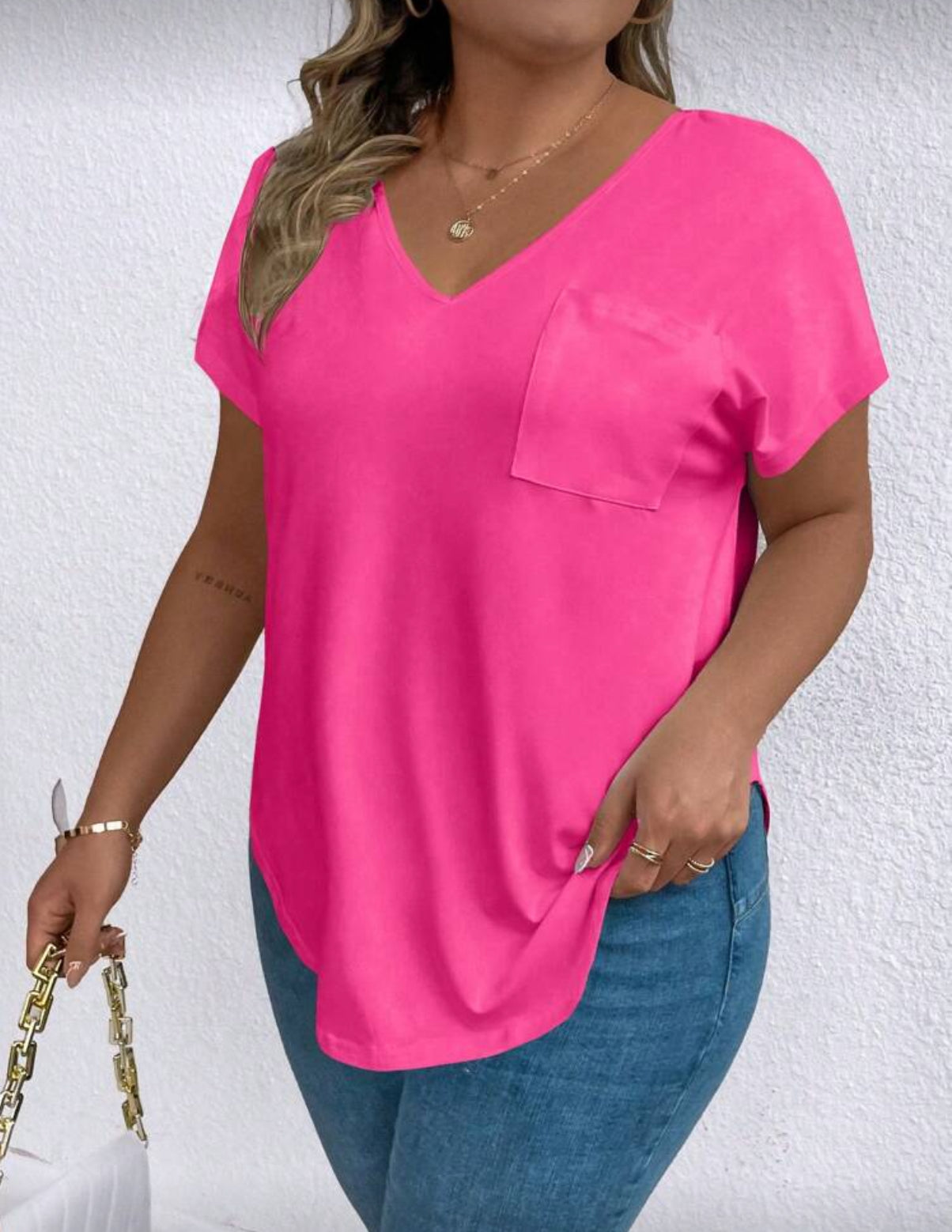 Hot Pink Curved Hem Curve Tshirt