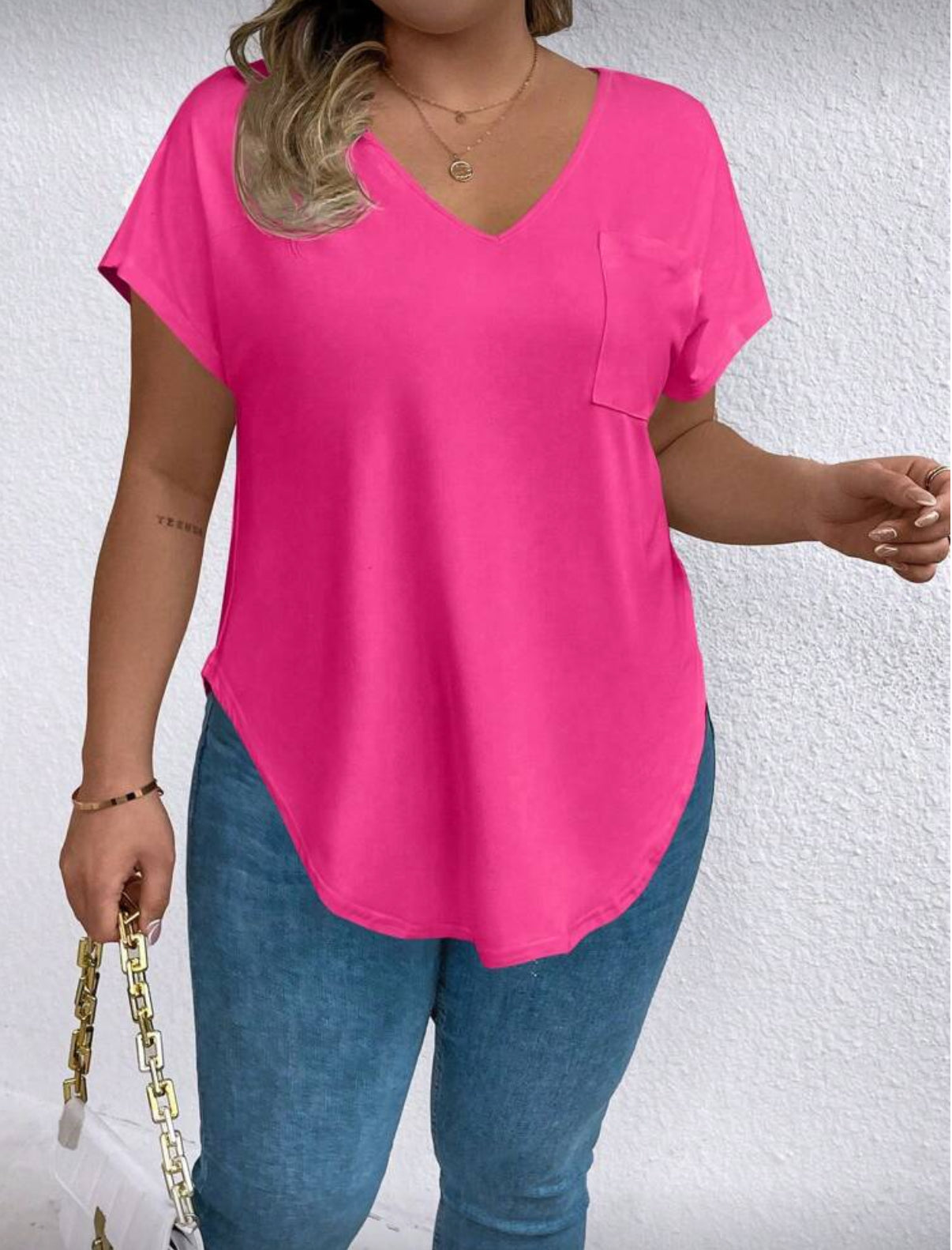 Hot Pink Curved Hem Curve Tshirt