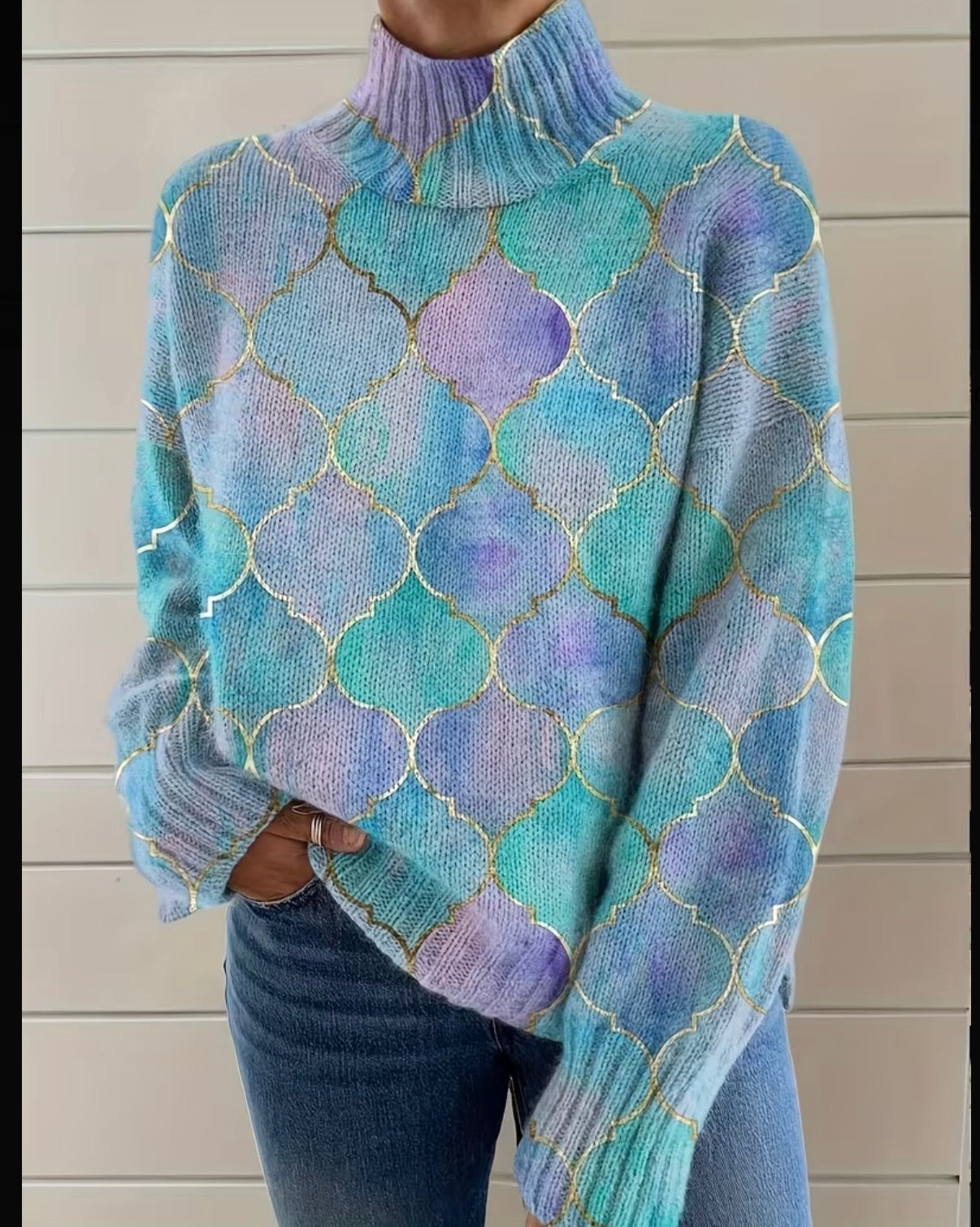 Pastel Gold Detail Polo Neck Knit Jersey