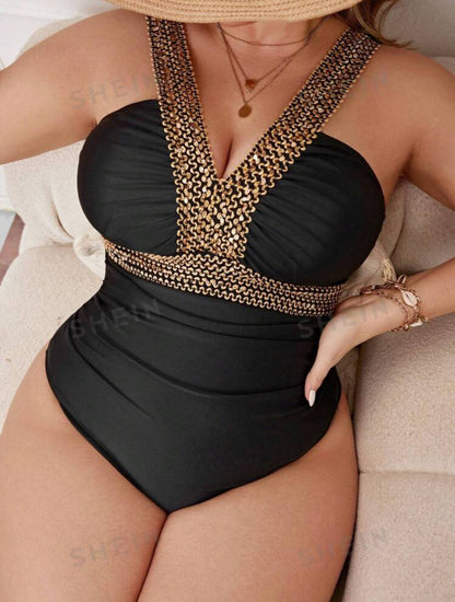 SHEIN Swim Curve Plus Stitch Detail One Piece Swimsuit