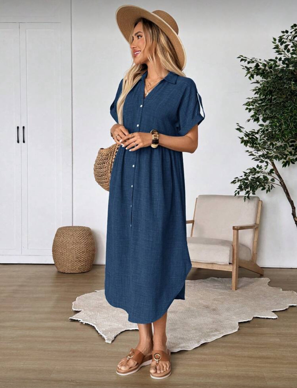 EMERY ROSE Women's Solid Color Roll-Up Sleeve Single Breasted Casual Midi Shirt Dress