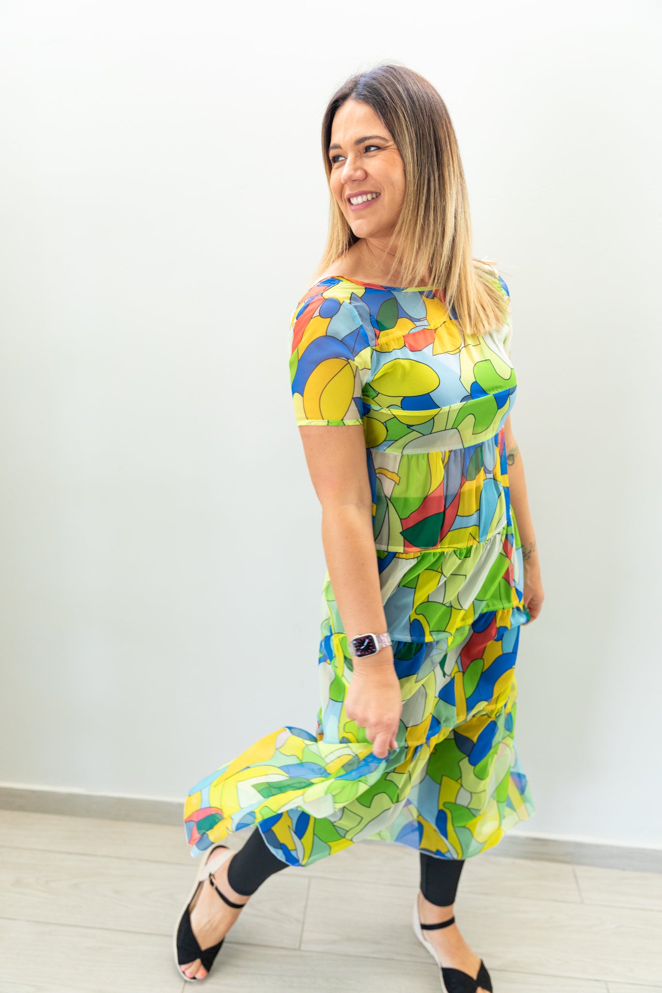 Sheer Women's All-Over Allover Print Round Neck Ruffle Hem Short Sleeve Dress, Summer