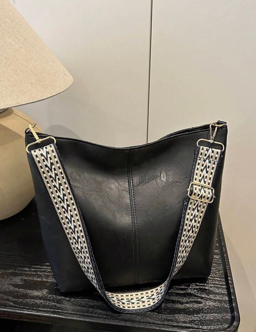 Black Boho Strap Slouch Tote Bag Set